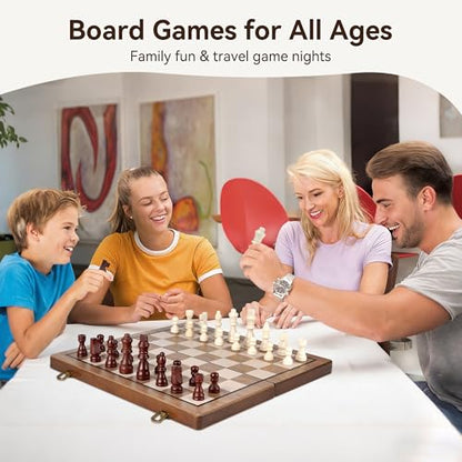 Hvygss 15 Inch Magnetic Chess Board, Foldable Wooden Chess Set with Checkers, Handcrafted Pieces with 2 Extra Queens, Portable Travel Board Game for Kids 6+ (Walnut Style, 15 Inch)