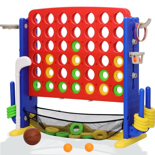 Giant 4-in-A Row Connect Game Set, Height Adjust Jumbo Yard Game for Kids & Adults w/Mesh Catching Bag, Basketball Hoop, Ring Toss & Mini Golf, Family Party 4-to-Score Indoor/Outdoor Games - color: Red Blue