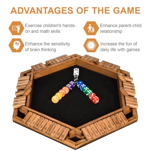 BIVOMON 1-6 Players Shut The Box Dice Game, Wooden Board Table Math Game for Kids Adult with 24 Dice, Close The Box Game for Family, Party, Christmas, Birthday