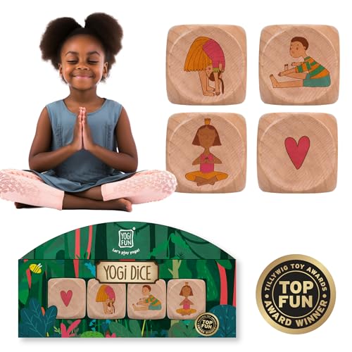 YOGi FUN Yoga Dice Game – 4 Wooden Dice with 18 Yoga Poses and Instruction Die, Fun Movement Game for Kids Ages 5+, Solo or Group Play, Classroom, ADHD, Emotional Physical Development Game for Kids