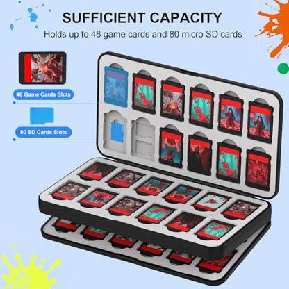 QuoLumPIA 48 Game Card Case Compatible for Nintendo Switch 2/OLED/Switch/Switch Lite, storage 48 Game Cards & 80 Micro SD cards, Black, hard shell, magnetic closure, soft silicone linning - size: 48