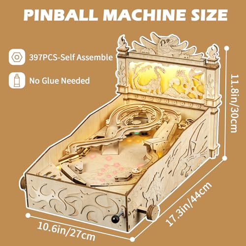 WodGod 3D Wooden Dinosaur Pinball Machine DIY Kit for Adults & Teens - Tabletop Arcade Game with LED Lights & Sound Effects, STEM Building Model, Creative Gift for Ages 14+