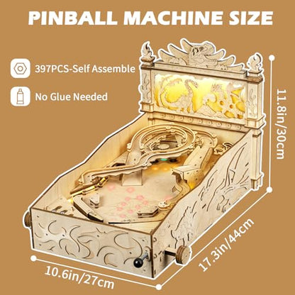 WodGod 3D Wooden Dinosaur Pinball Machine DIY Kit for Adults & Teens - Tabletop Arcade Game with LED Lights & Sound Effects, STEM Building Model, Creative Gift for Ages 14+