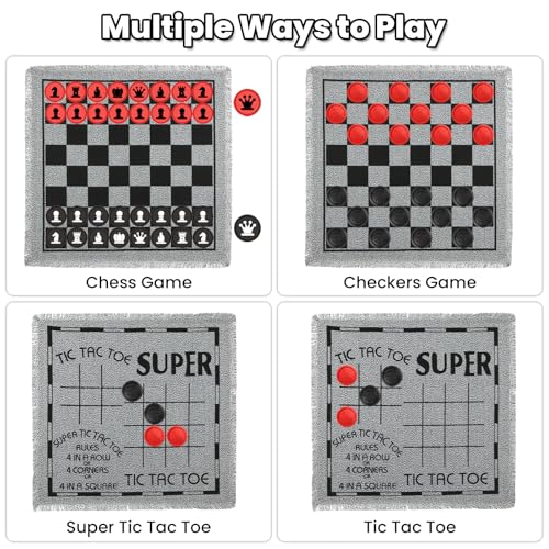 Giant 4 in 1 Chess Set,Jumbo Chess & Giant Checkers & Large Tic Tac Toe, Giant Chess Board Game for Kids Adults,Including 2 Extra Queen,Large Checkers Rug Game Mat, Indoor Outdoor Games Camping Party