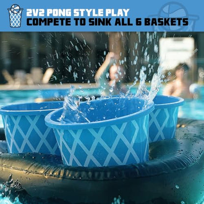 BasketPong H2O – Inflatable Pool Pong Game with Buckets and Balls, Water Yard Game for Outdoor Fun, Lawn, Beach, or Backyard – Includes 12 Buckets, 2 Balls, Floats, Bag, and Air Pump