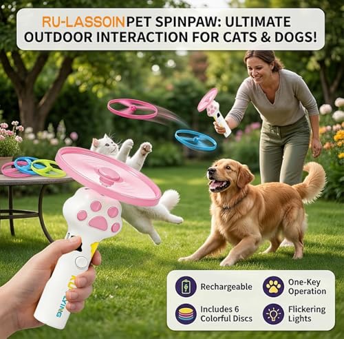 Cat Fetch Toy Auto Launcher 6 Discs 30m Range USB-C Rechargeable | Upgraded automatic disc launcher with 6 premium discs (3 glow), 30m range, USB-C rechargeable. Interactive indoor cat toy.