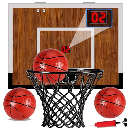 Indoor Mini Basketball Hoop Set – Over The Door with Wood Backboard & Iron Rim – Includes 2 Balls & Air Pump – Anti-Shock Padding – 16"x12"x3"