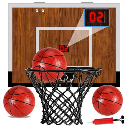 Indoor Mini Basketball Hoop Set – Over The Door with Wood Backboard & Iron Rim – Includes 2 Balls & Air Pump – Anti-Shock Padding – 16"x12"x3"