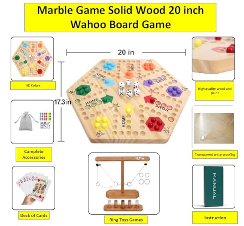 Wooden Wahoo Marble Board Game (20 INCH), Double-Sided, for 2-6 Players, with 24 Marbles and 6 dice. Also Includes Ring Toss, Wooden Hook and Ring Gameand Premium Playing Cards.