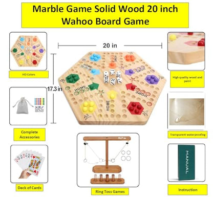 Wooden Wahoo Marble Board Game (20 INCH), Double-Sided, for 2-6 Players, with 24 Marbles and 6 dice. Also Includes Ring Toss, Wooden Hook and Ring Gameand Premium Playing Cards.