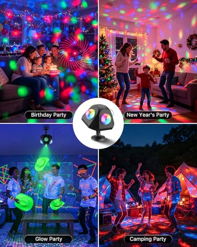 3-in-1 Pyramid Disco Party Lights with Sound Activated and Adjustment Stake | 4 Head Magic Projector Ball Lamp, 360 Angle Room Coverage, Water Wave Strobe Lighting Effect, for Home, Holiday Club, Karaoke