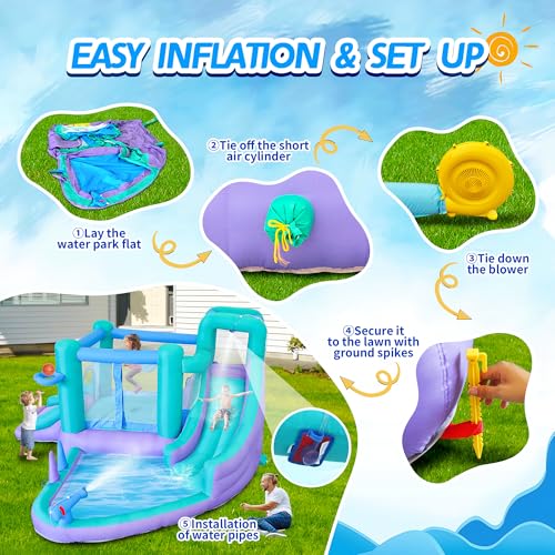 Inflatable Bounce House Water Slide, 141 x 138 x 78 Inches Blow Up Water Slides, Splash Pool, Basketball, Ring Toss Game, Target Balls, Water Cannon, Climbing Wall, Blower Included