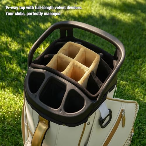 uniHimal Golf Cart Bag with 14-Way Full-Length Dividers, Premium PU Leather Golf Bag for Men Women with Plush Top, Magnetic Pocket and Rain Cover, Lightweight Golf Club Bag Includes Cooler Pockets - color: Beige Gold