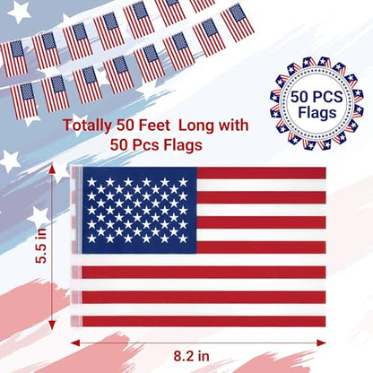 52FT 4th of July Decorations Outdoor, 50 PCS Fourth of July Banner, 5.5 x 8.2 Inches American String Flag Banner for Patriotic Independence Day Fourth of July Accessories Party Home Patio Decor - style: Independence Day
