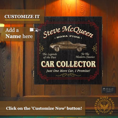 Personalized Dart Board Cabinet Set with 6 Steel Tip Darts, Paper Fibre Dartboard, Chalk & Eraser (21.5 x 21.5 x 2.75") - Occupational Man Cave Dart Boards for Adults - Car Collector (404) - style: Car Collector Dartboard & Cabinet Set