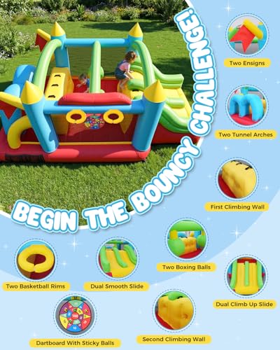 Whubefy Bounce House for Kids 3-6 Big Kids 8-12, 15.3 X 9ft Inflatable Obstacle Course with Dual Tunnels/Double Slides/Two Climbing Walls/Two Boxing Ball Obstacles/Basketball Hoops/Removable Dartboard - style: 550W Blower