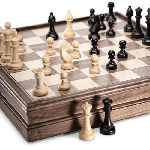 A&A 15 inch Walnut Wooden Chess Set with Storage Drawer, Triple Weighted Pieces, 3.0 inch King Height, Walnut & Maple Inlay, 2 Extra Queen, Classic 2 in 1 Chess and Checkers Board Game