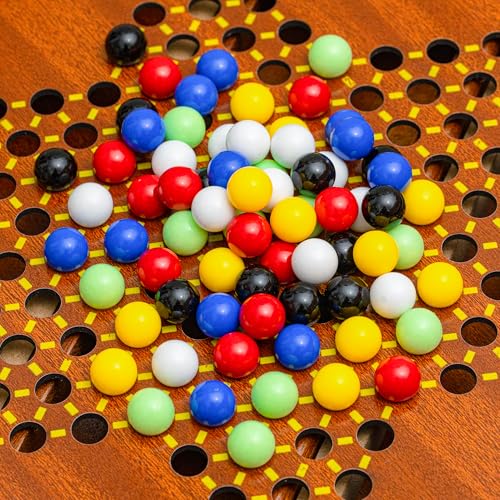 Wooden Chinese Checkers Game Set with Storage Drawer, 12.6 inches - Includes 60 Colorful Acrylic Chess Pieces (6 Colors) - Classic Strategy Board Game