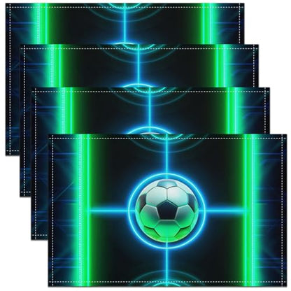 Football Table Placemats Set of 4,Neon Soccer Court Place Mats 12x18 Inch for Kitchen Table,Ball Sports Games Washable Mats Suitable for Restaurant - color: Green