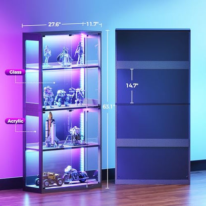 AODK Glass Display Cabinet with Glass Doors, 4-Tier Display Case with RGB Lights, Glass Cabinet Shelf for Collectibles and Storage, Black Curio Cabinet for Gaming Room