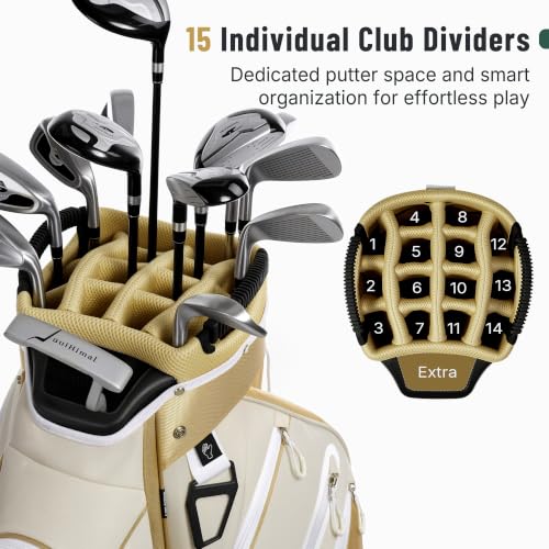 uniHimal Golf Cart Bag, 15 Way Organizer Divider Top with Handles | 15 Separate Compartments,Extra Storage Pockets,Rain Cover,Comfortable carry handles,Tough Abrasion‑Resistant Materials - color: Gold