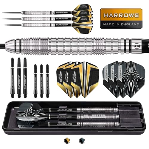 Harrows Combat 90% Tungsten Steel Tip Darts Set I 21g to 30g All Weights Available I Huge 17pcs Bundle with Spare Shafts, Prime Flights & Travel Case - size: 25 grams