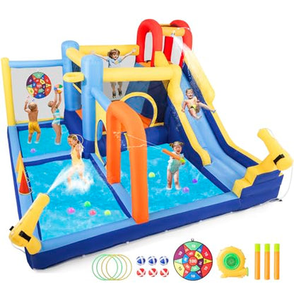 JOYLDIAS Inflatable Water Slide,Water Park Bounce House,Slide Bouncer Castle Playhouse w/Splash Pool, Climbing Wall, Trampoline，Felt Ball Target, Ring Toss Game for Kids Outdoor Fun, 550W Air Blower - color: Multicolor