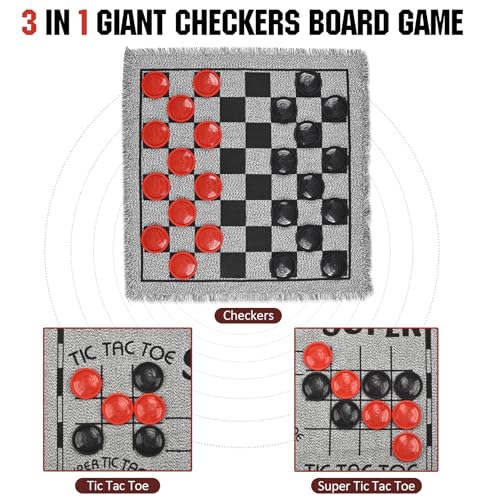 Giant Checkers Board Game Set,3 in 1 Jumbo Tic Tac Toe Game,Classic Checkers Board Game for Kids & Adults,Large Checkers Rug Game Mat,Indoor Outdoor Game for Family Camping Party