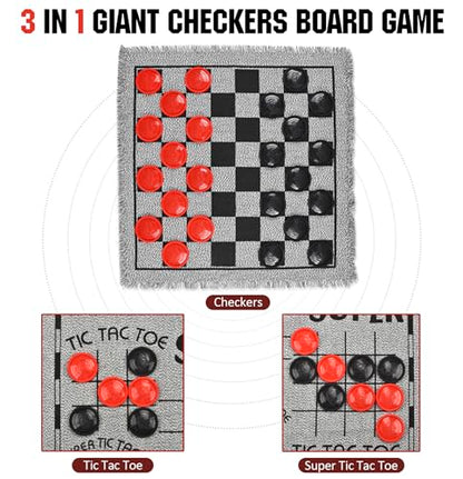 Giant Checkers Board Game Set,3 in 1 Jumbo Tic Tac Toe Game,Classic Checkers Board Game for Kids & Adults,Large Checkers Rug Game Mat,Indoor Outdoor Game for Family Camping Party