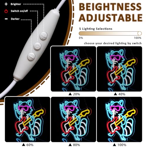 Raccoon Guitar Neon Sign for Wall Decor, Cool Guitarist Led Signs for Bedroom, USB Dimmable Cute Animal Neon Lights for Bar Live Music Concert Club Game Room Studio Party Home Decoration - style: Raccoon Guitar