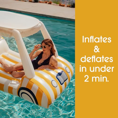 FUNBOY Giant Inflatable Luxury Golf Cart Pool Float, Two Cup Holders, Removable Fringe Shade, Float for Summer Pool Party and Entertainment - color: Yellow, White