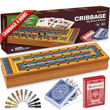 Cribbage Board Game Set with Storage – Wooden 4 Track Cribbage Board for 2–4 Players with Metal Pegs & Playing Cards – Classic Travel & Home Board Game