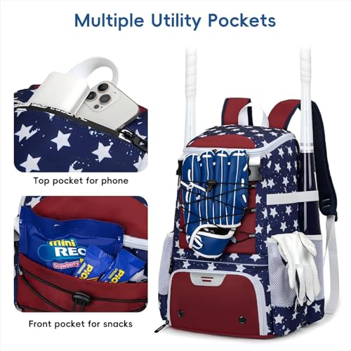 KAVIGOR Baseball Bag for Youth and Adult, Softball Backpack 40L Large Capacity, Bat Backpack with Shoes Compartment and Hidden Helmet Holder - color: Red White & Blue