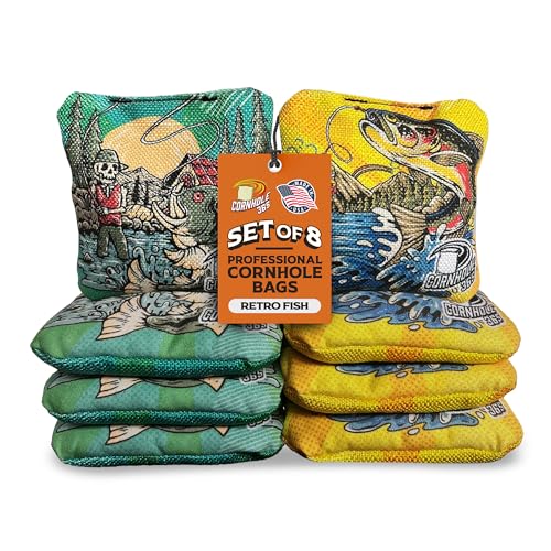 Cornhole365 - Stick & Slide - Professional Corn Hole Bag - Heavy-Duty Double-Stitched Polyester Fabric & Resin Filling for All-Weather - Versatile Regulation Size Cornhole Bean Bags - Set of 8 - color: Retro Fish