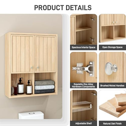 Bathroom Storage Cabinet Wall Mounted, Pre-Assembled Wood Medicine Cabinet with 2 Doors, Slim Hanging Wall Cabinet Over The Toilet for Small Spaces, Modern Farmhouse Style,Natural Oak