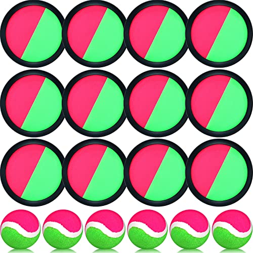 Charniol Kids Toys Toss and Catch Game Set Beach Game Outdoor Ball Sports Games Toss and Catch Ball Nylon Toys for Kids Adults (Pink, Green, Black,12 Paddles 6 Balls) - color: Pink, Green, Black