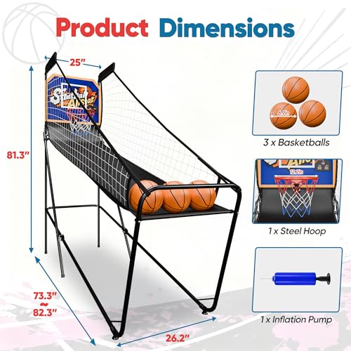 Electronic Arcade Basketball Game with Electronic Scoreboard, Foldable Indoor Single Basketball Shooting Game, 3 Balls & Pump, Blue Yellow