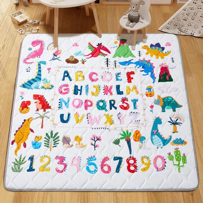 Baby Play Mat - Thicken 50x50 Inch Soft Foam Crawling Mat for Playpen & Floor, Non-Slip Waterproof Playmats for Infants & Toddlers, Portable Foldable & Machine Washable, Dinosaur & Letters - size: 50" X 50"