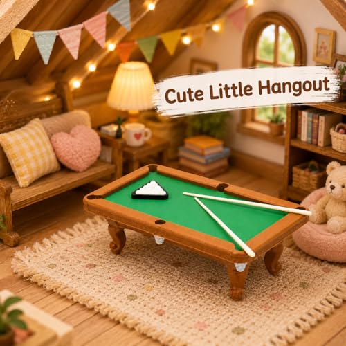 DECHOUS 1 Set Miniature Dollhouse Pool Table Set - 1:12 Scale Mini Billiard Table with Cues and Balls - Dollhouse Game Room Decor