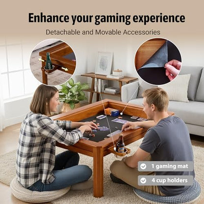 Solid Wood Board Game Coffee Table with Removable Top, 3-in-1 Gaming and Dining Table Includes Play Mat & Detachable Cup Holders, 48" L x 33" W - color: Cherry01