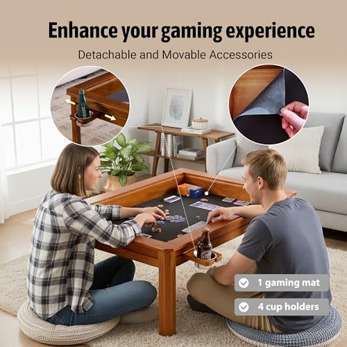 Solid Wood Board Game Coffee Table with Removable Top, 3-in-1 Gaming and Dining Table Includes Play Mat & Detachable Cup Holders, 48" L x 33" W - color: Cherry01