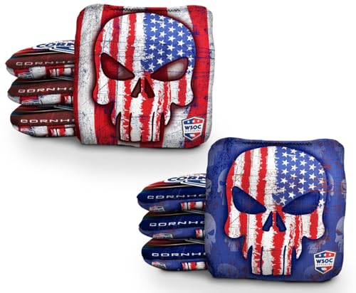 Professional Cornhole Bags Set of 8 Regulation Patriotic Series Resin Filled Pro Bean Bags Dual-Sided Slick and Stick - color: USA Skull