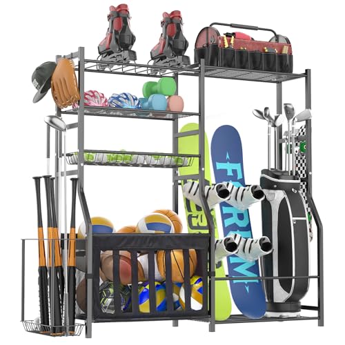 Heavy Duty Garage Sports Equipment Organizer, All-in-One Golf Bag Storage Rack & Multi-Sport Ball Holder for Basketballs, Bats & Kids Toys, Indoor/Outdoor Free Standing Gear Bin