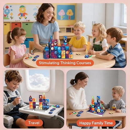 Mini Magnetic Tiles Travel Set, 31Pcs STEM Travel Magnatiles with Metal Case, Space Theme Educational & Creative Magnet Tiles for Kids