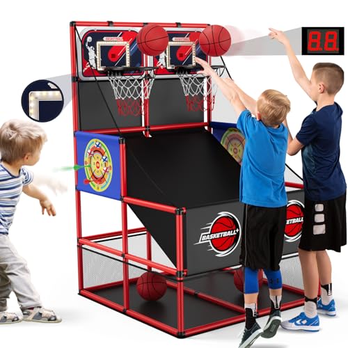 HYES 2 in 1 Dual Shot Basketball Arcade Game with 2 Dart Boards/Electronic Scoreboard/LED Light, Kids Basketball Hoop for Home Indoor Outdoor, Sport Toys for Boys Girls - size: with Scoring- Dual Shot