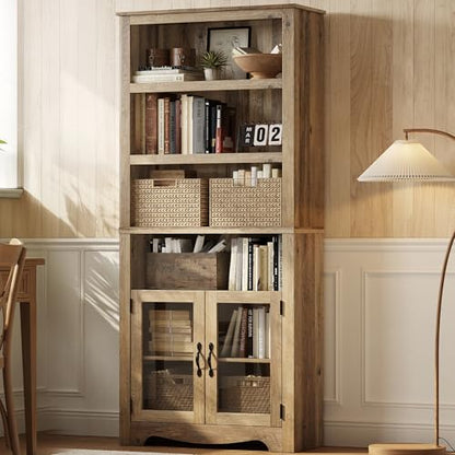 LINSY Bookshelf with Doors, 6 Shelf Bookcase Tall Bookshelves, 73" Farmhouse Book Shelf with Storage Cabinet, Wood Book Shelves for Living Room, Bedroom, Office, Rustic Brown - color: Brown