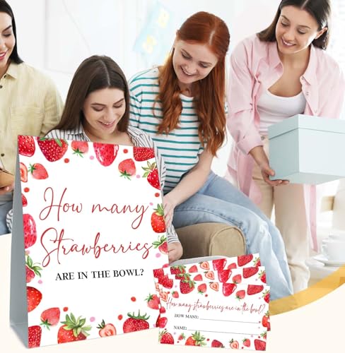 Strawberry Baby Shower Games, Strawberry Decorations for Bridal Shower, Guess How Many Strawberries Are in the Jar, Party Games & Activities 50 Cards and Sign - size: 5" x 7"