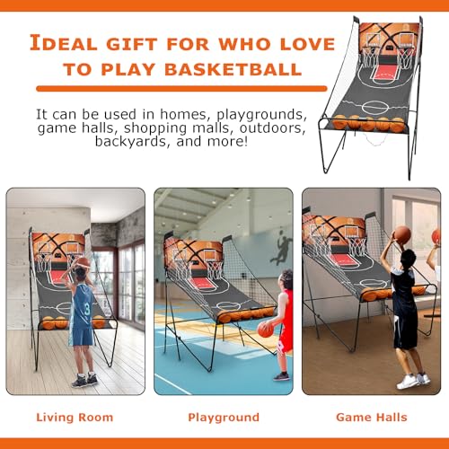 Dual Shot Arcade Basketball Game, 8 Modes Arcade Basketball Game with LED Electronic Scorer Timer Foldable Double Shootout Game 5 Balls for All Players Home Playground Game Halls