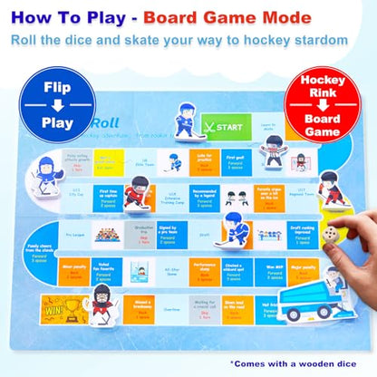 2-in-1 Hockey Board Game & Blocks Playset, Wooden Hockey Figurines with Assembly Rink or Roll and Move Game, Mini Hockey Figures, Winter Sports Toy for Kids, Toddlers & Families
