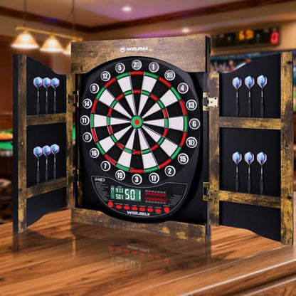 WIN.MAX Electronic Dart Board Soft Tip Dartboard Set LED Displays 3 Languges with Cabinet - style: brown